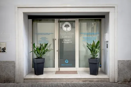 Ingresso dello studio con due piante ai lati della porta a vetri
