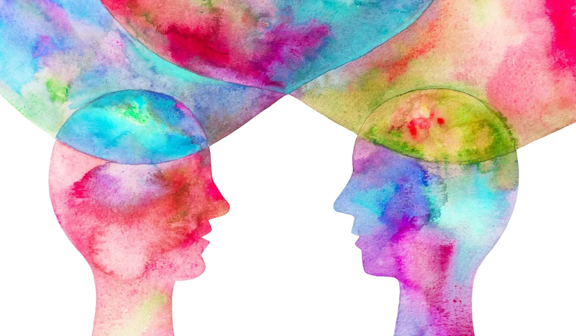 Illustrazione ad acquerello di due profili di volti colorati uno di fronte all’altro